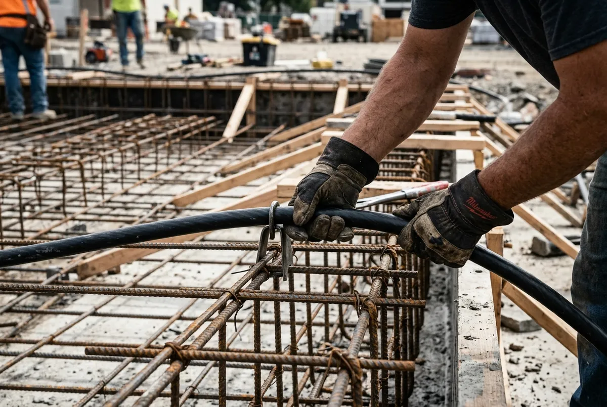 Precision installation of post-tension steel cable matrix on concrete foundation rebar grid