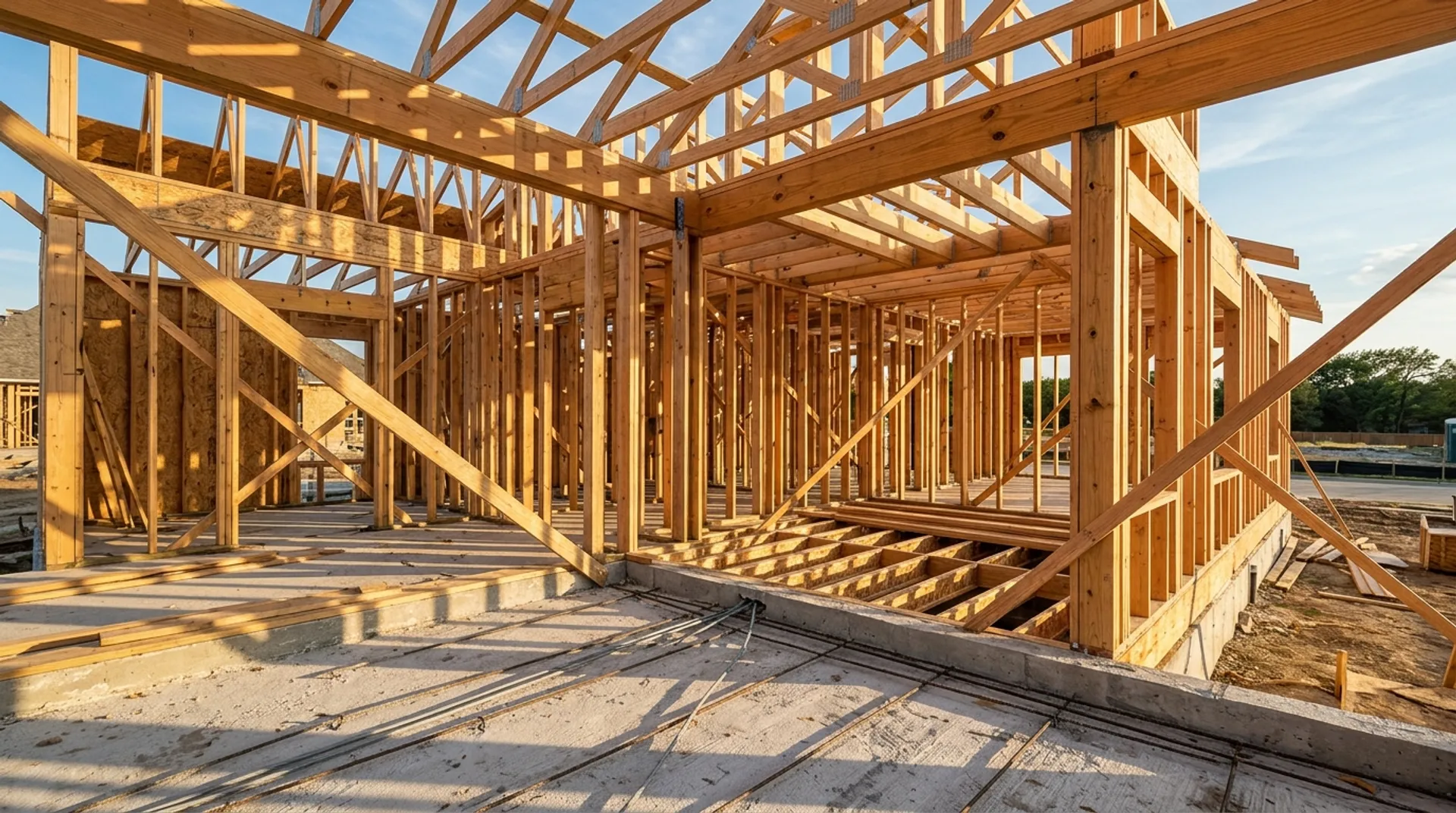 Architectural wood framing and post-tension concrete slab foundation of a Georgetown ADU under Texas sunlight